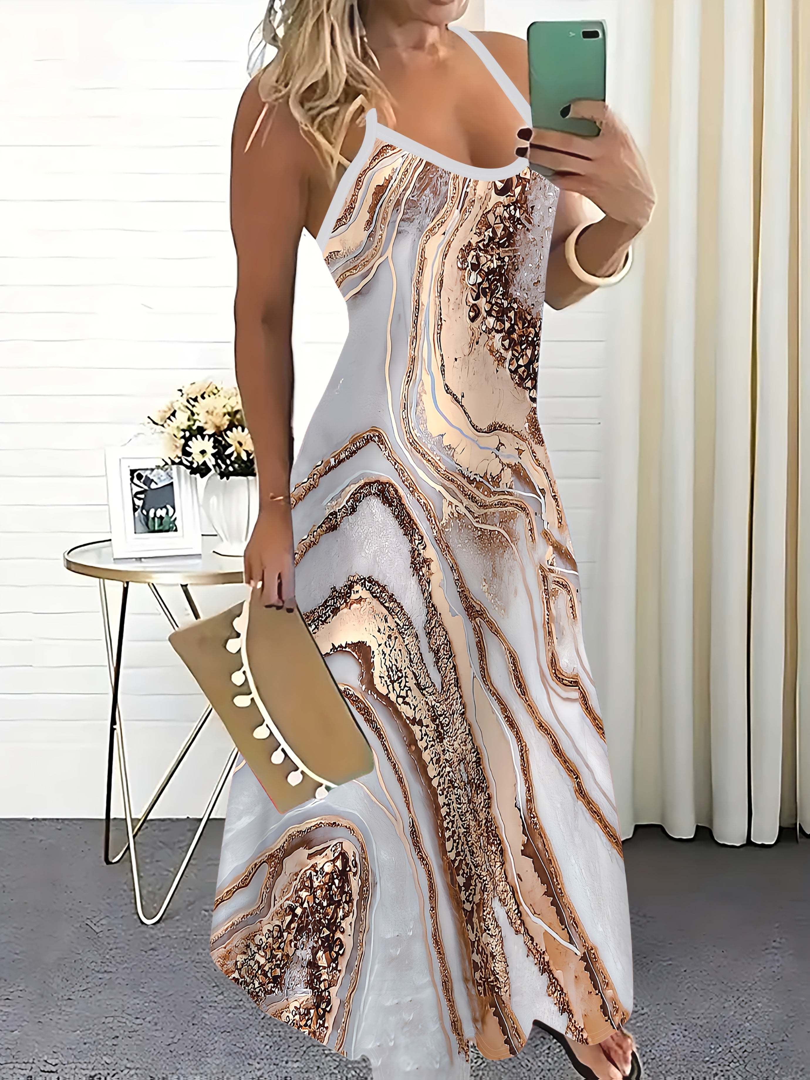 Women's Elegant Marble Print 3D Cami Maxi Dress - Sleeveless, Crew Neck, Flowing Design in White, Golden & Brown, Perfect for Casual Outings & Vacations, Chic Dress