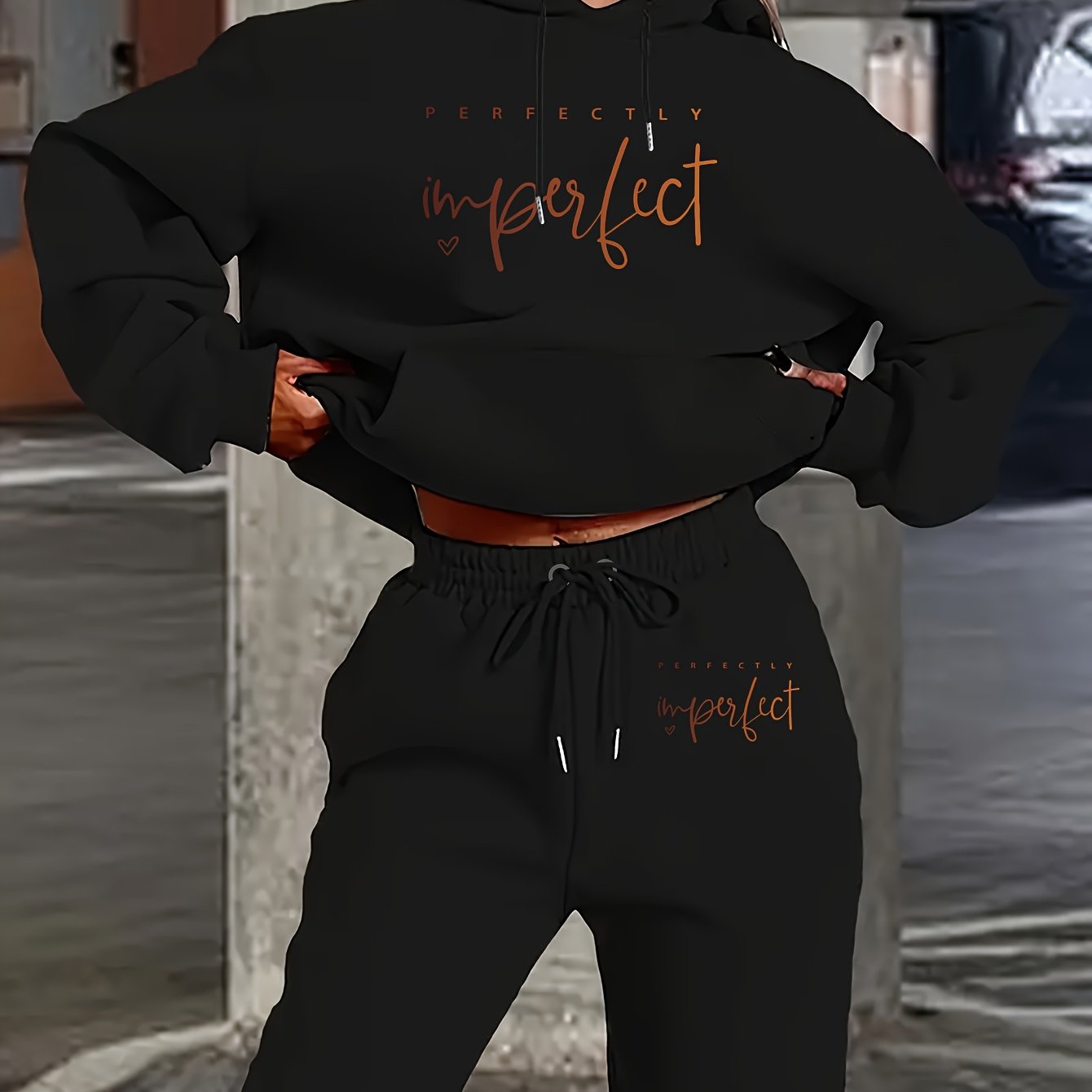 1 Set Women'S Casual Polyester Two-Piece, Fall/Winter Knit Fabric Hoodie with Pocket & Drawstring Pants, Letter Print "Perfectly Imperfect" Design