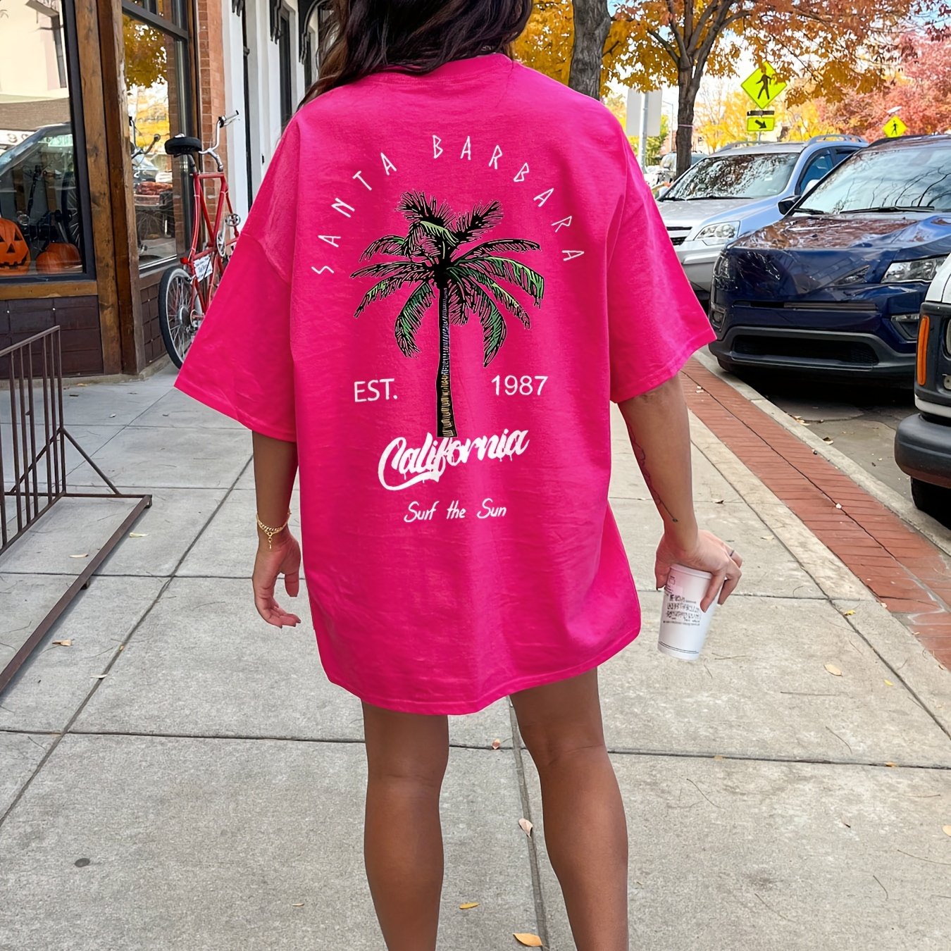 Letter & Coconut Tree Print Crew Neck Tee Dress, Casual Short Sleeve Dress For Spring & Summer, Women's Clothing