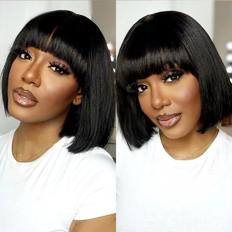 200 Density, Machine Made Bob Wig, Women'S Short Bob Wig with Bangs - Natural Black Machine Made Brazilian Human Hair - Glueless Wig 3 Seconds To Wear, Short Bob Human Hair Wig, Elegant Look Fit Natural Human Hair Wig