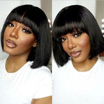 200 Density, Machine Made Bob Wig, Women'S Short Bob Wig with Bangs - Natural Black Machine Made Brazilian Human Hair - Glueless Wig 3 Seconds To Wear, Short Bob Human Hair Wig, Elegant Look Fit Natural Human Hair Wig