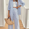 Women's Striped Polyester Two-Piece Set for Spring and Autumn, Casual Style Evening Mist