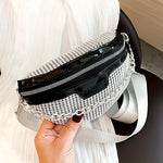 Glittering Rhinestone Fanny Pack with Chain Detail - Stylish Women’s Crossbody Waist Bag, White, Adjustable Strap, Zipper Closure, Perfect for Casual or Festive Occasions, Versatile Crossbody | Rhinestone Embellished | Adju