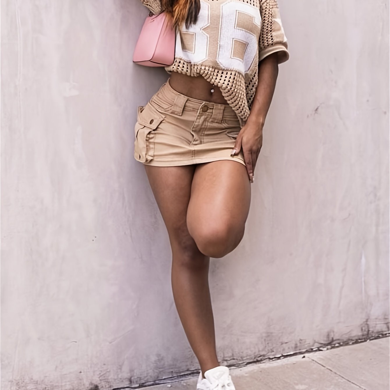 Kolliey Summer Street Style Number 86 Colorblock Top - Casual O-Neck, Breathable & Skin-Friendly Pullover for Women, Beige & Pink Geometric Design, Lightweight Polyester, Perfect for Casual Attir