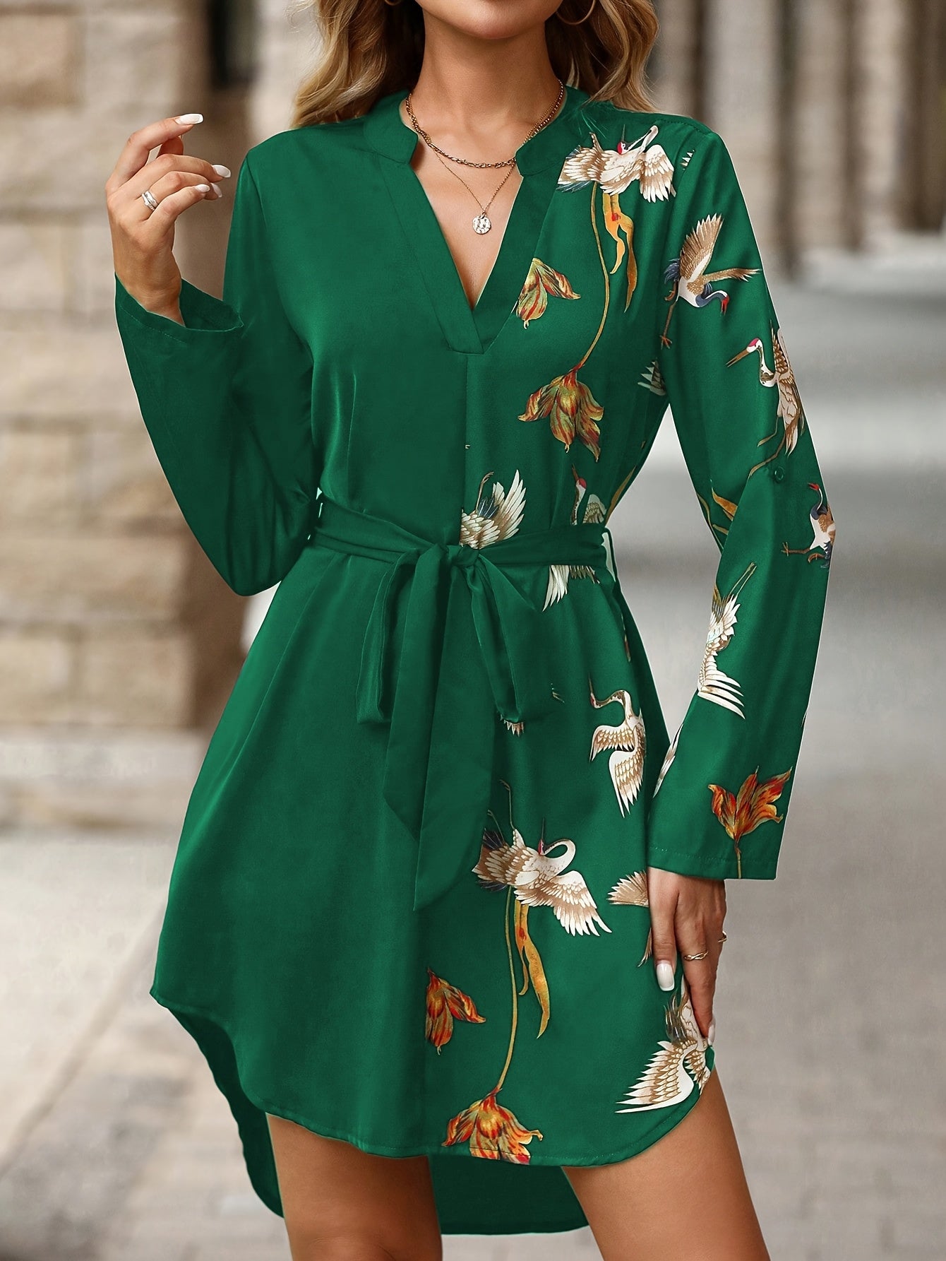 Elegant Women'S V-Neck Dress with Vibrant Bird & Floral Print - Casual A-Line Style, Long Sleeve, Polyester, Green with Golden Accents, Perfect for All Seasons