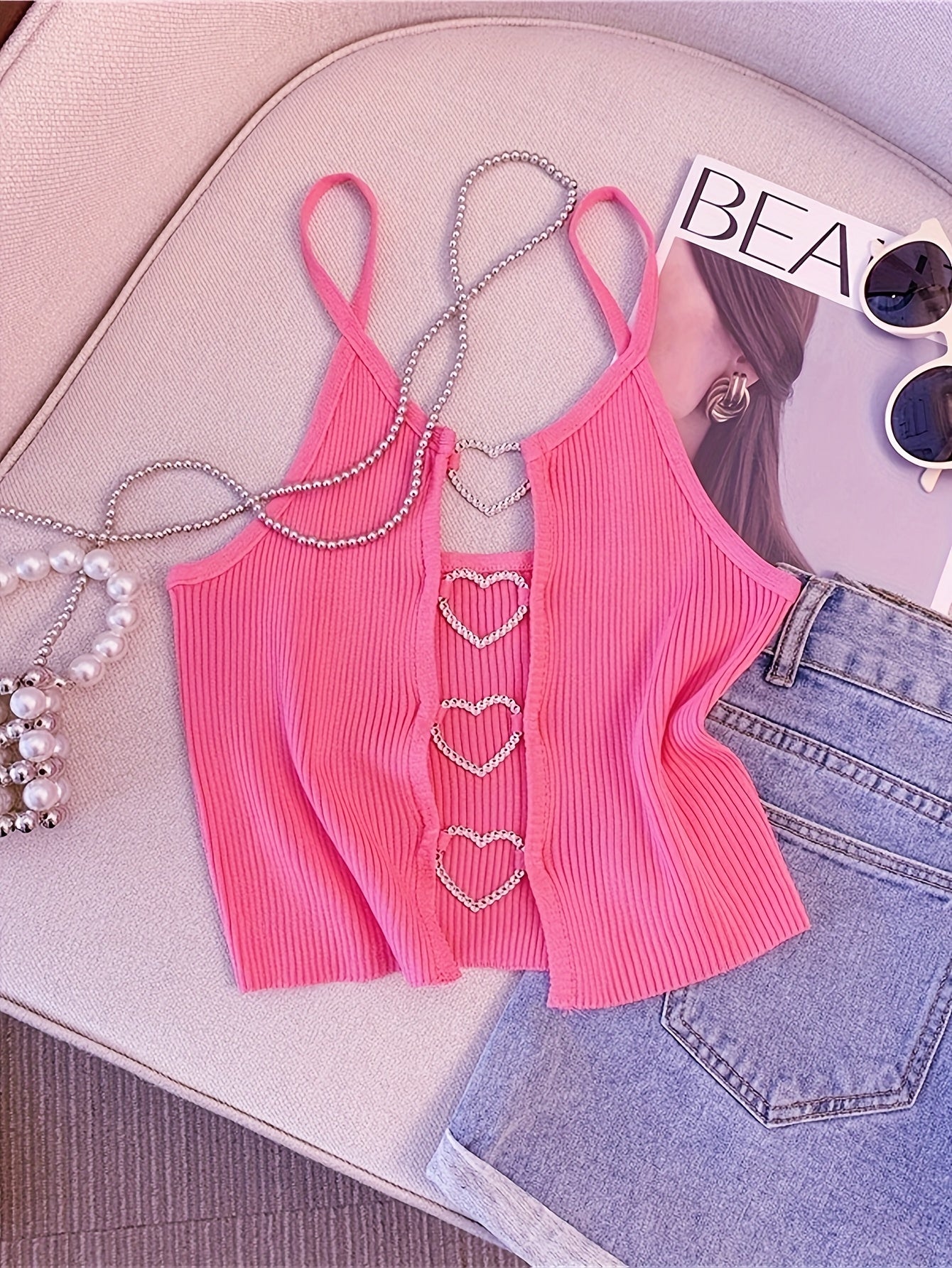 Women's Sexy Sleeveless Ribbed Knit Crop Top with Heart Cutouts & Rhinestone Accents - Vibrant Pink 100% Polyester Summer Casual Top for Spring/Summer Outfits, Ladies Tops And Blouses for Summer