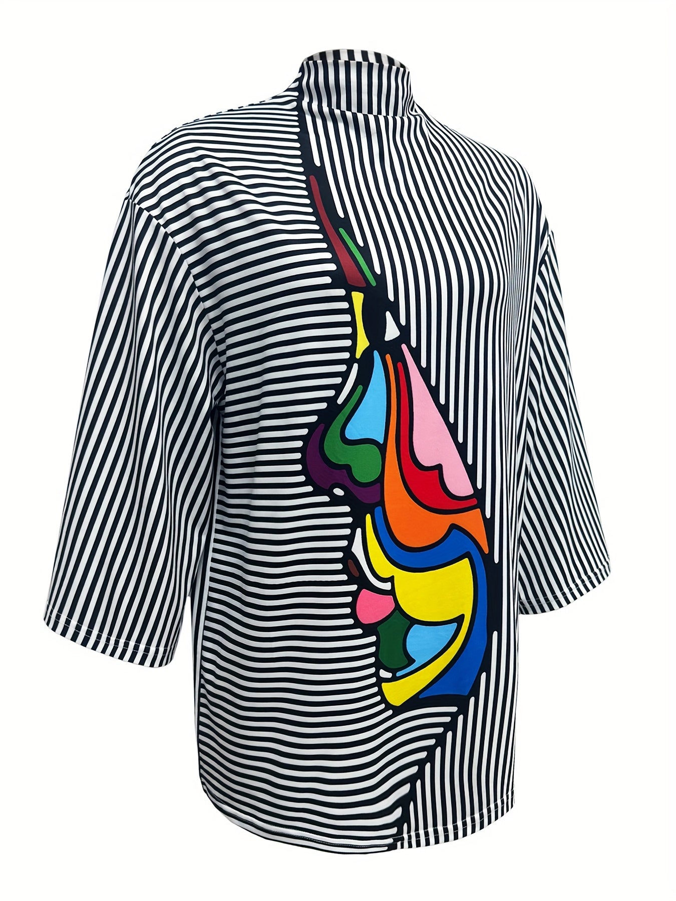 Women's Stylish Striped Long Sleeve Mock Neck Top - Casual Abstract Print Blouse in Black, White & Multicolor, Perfect for Spring/Fall, Ladies Blouses