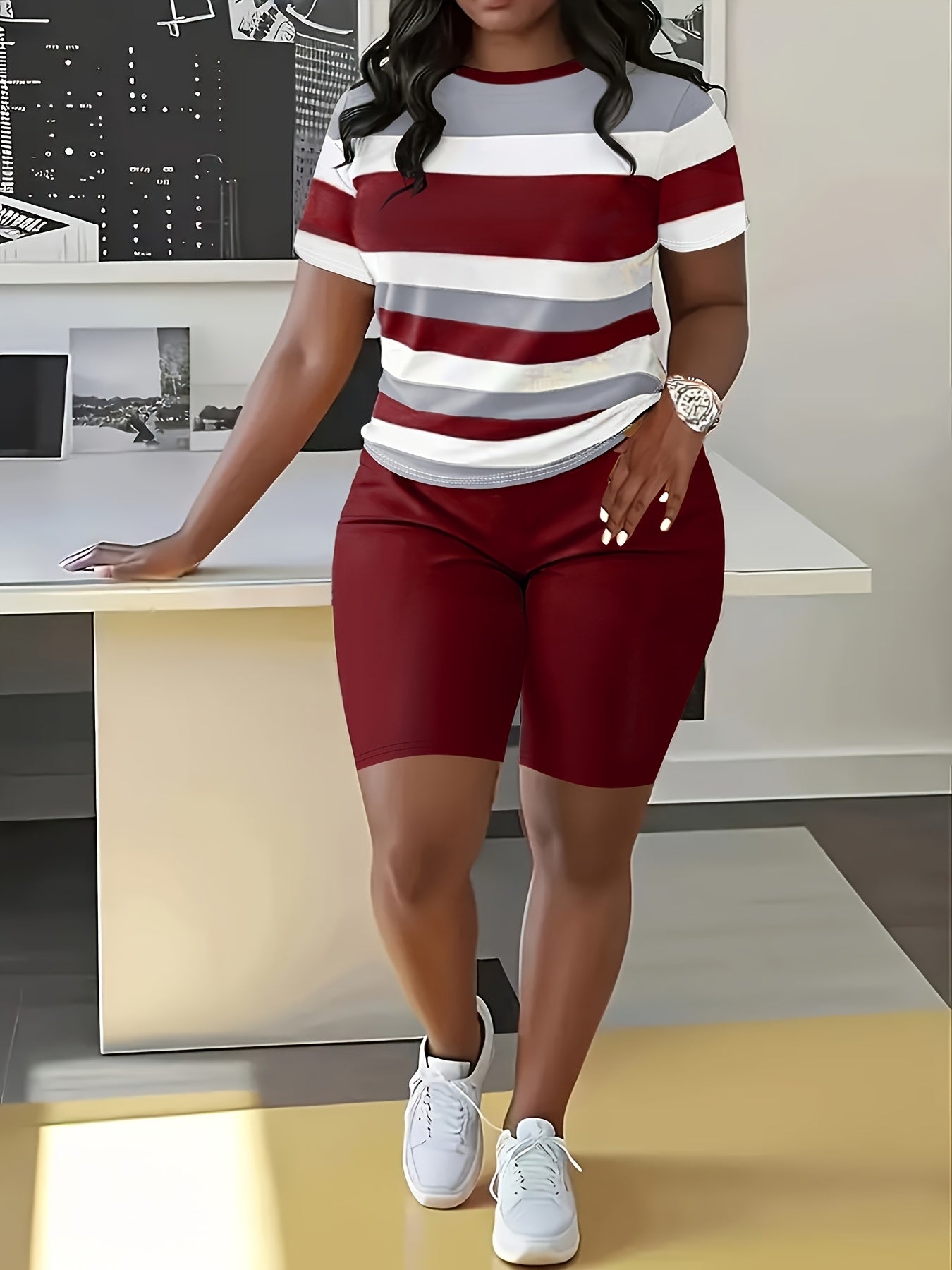 Striped Splicing Spring and Summer Casual Round Neck Short Two-Piece Set