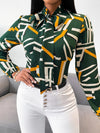 Geo Print Tie Neck Blouse, Elegant Long Sleeve Blouse For Spring & Fall, Women's Clothing