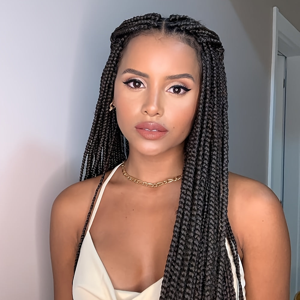 Latest Style Full Double Lace Front Braid Wig for Women - Hand Braided, Knotless Cornrow Braids, Blended Black Hair, Natural Looking, Breathable, Comfortable