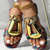 Women's Metal Chain Decor Flat Slides, Square Open Toe Non Slip Slide Sandals, Outdoor Versatile Slides