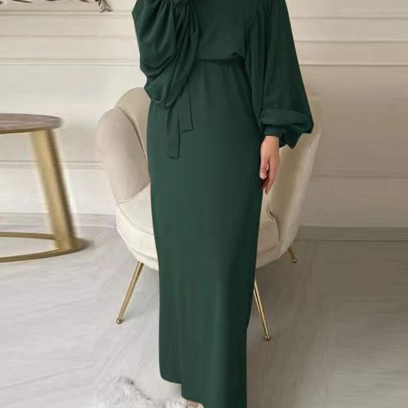 Women'S Long Dress, Solid Color, Round Neck, Lantern Sleeve, Abaya, Modern Arabic Style, Casual Dress with Belt, Polyester Fabric, 100g/m², for Adult, All Season