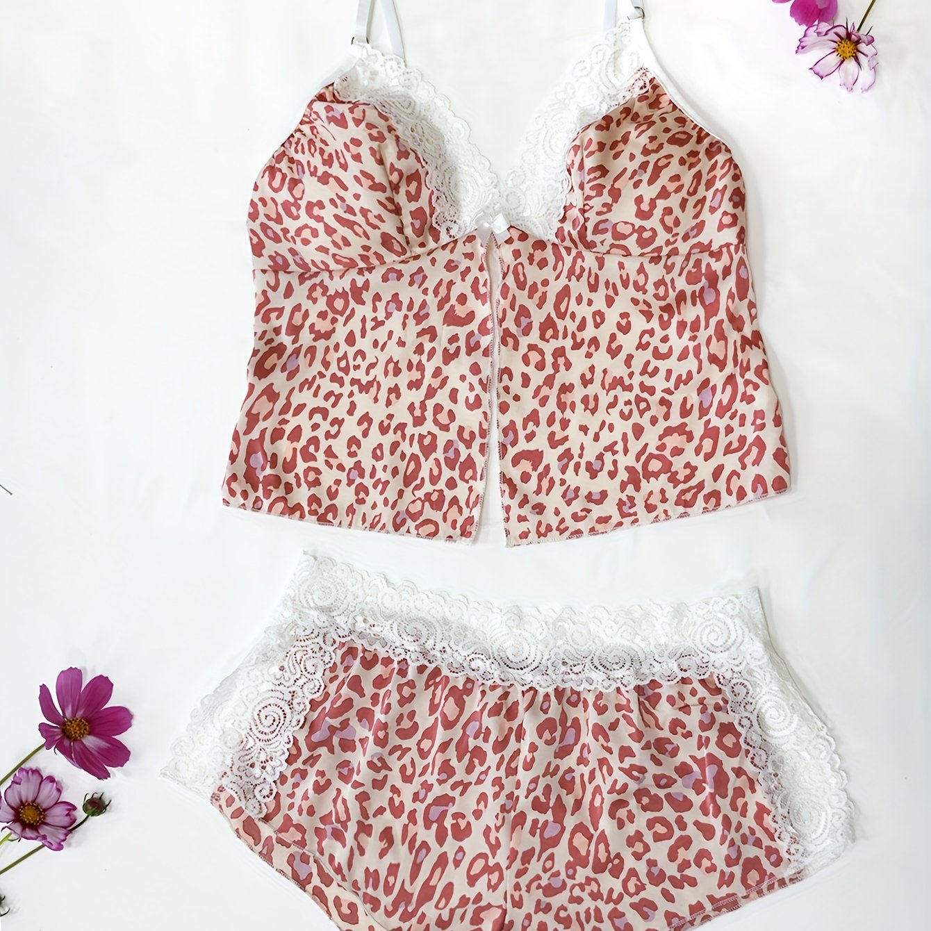 Valentine'S Day Rose Print Satin Lace Patchwork Slit Sexy Pajama Set
