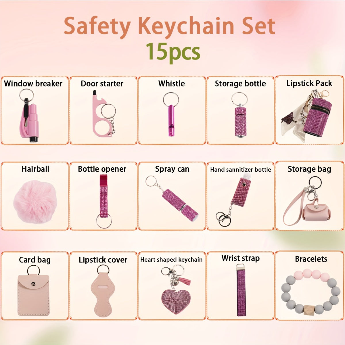 15pcs Rhinestone Safety Keychain Set for Women, Wristlet Keyring with Storage Pouch & Pom Pom Card Holder Accessories Kit