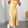Women's Elegant Floral Print Knit Midi Dress with Adjustable Thin Straps, Ruffled Hem & Split Side - Yellow Off-Shoulder Vacation Dress for Spring & Summer, Summer Outfit | Offshoulder Dress | Stylish Design, Cute Dresses