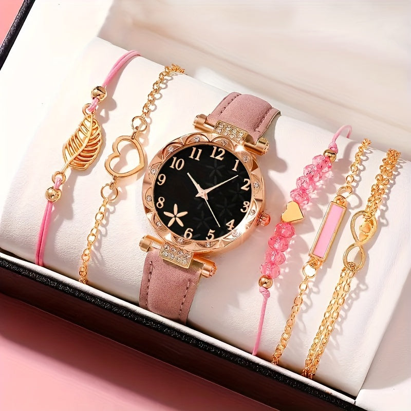 Set of 6 Beautifully Designed Printed Rhinestone Quartz Watches with Digital Dial And Bracelets for Women, Perfect Gift for Her