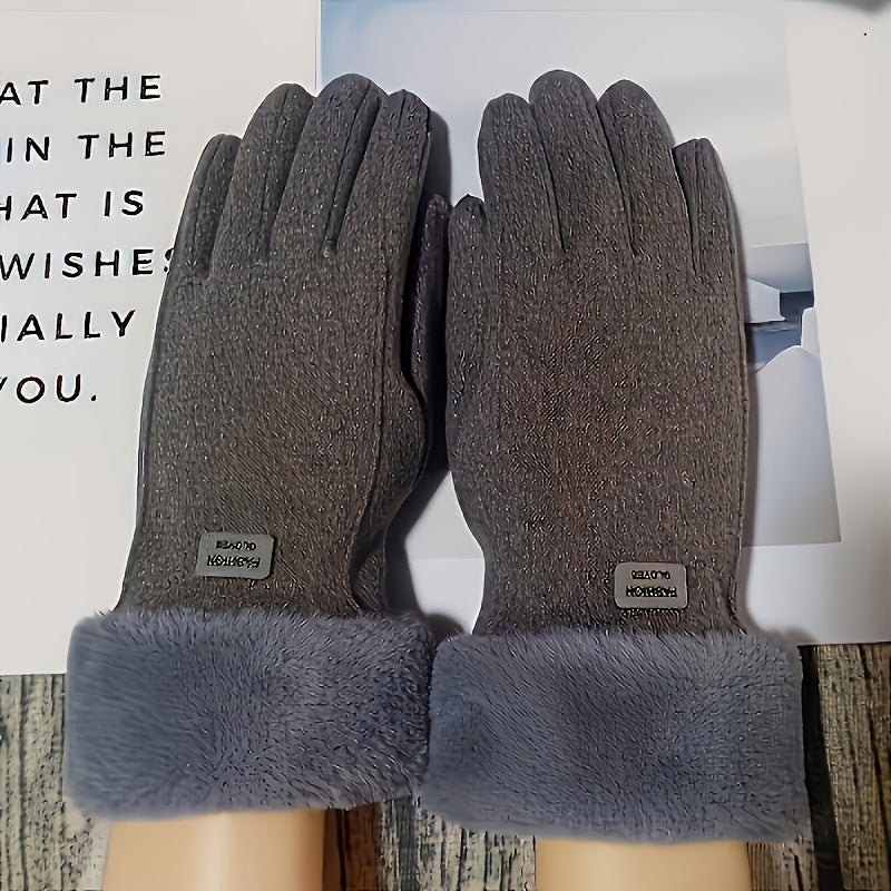 Women'S Beige Touchscreen Gloves - Thick Warm Plush Lined Full Finger Mittens for Winter, Knitted Polyester, Non-Stretch, Hand Washable, Ideal for Going Out