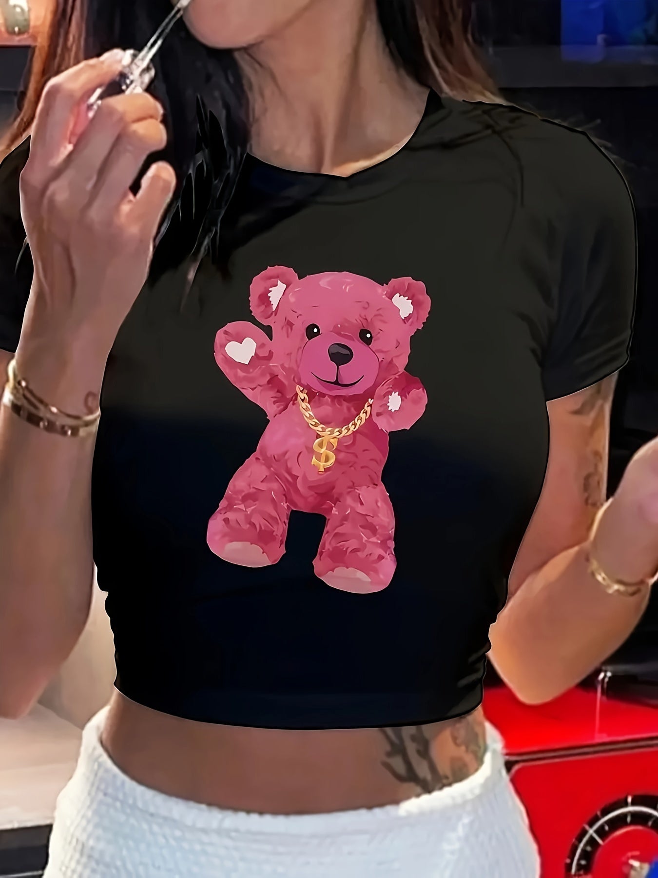 1pc Y2K Style Pink Teddy Bear Graphic Crop Top - Short Sleeve Round Neck Semi-Transparent Polyester Blend Tee for Women, Spring/Summer Casual Wear, Teddy Bear T Shirt