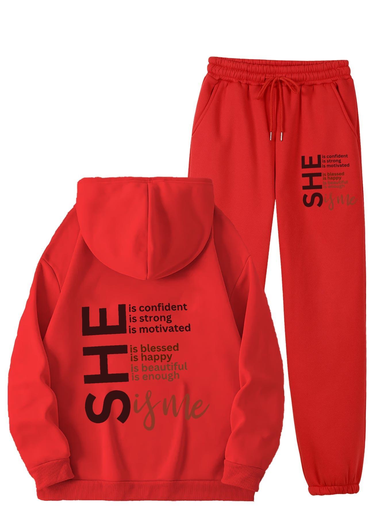 Cozy Fleece-Lined Women's Hoodie & Sweatpants Set with Letter Print - Machine Washable, Pocket Detail, Polyester