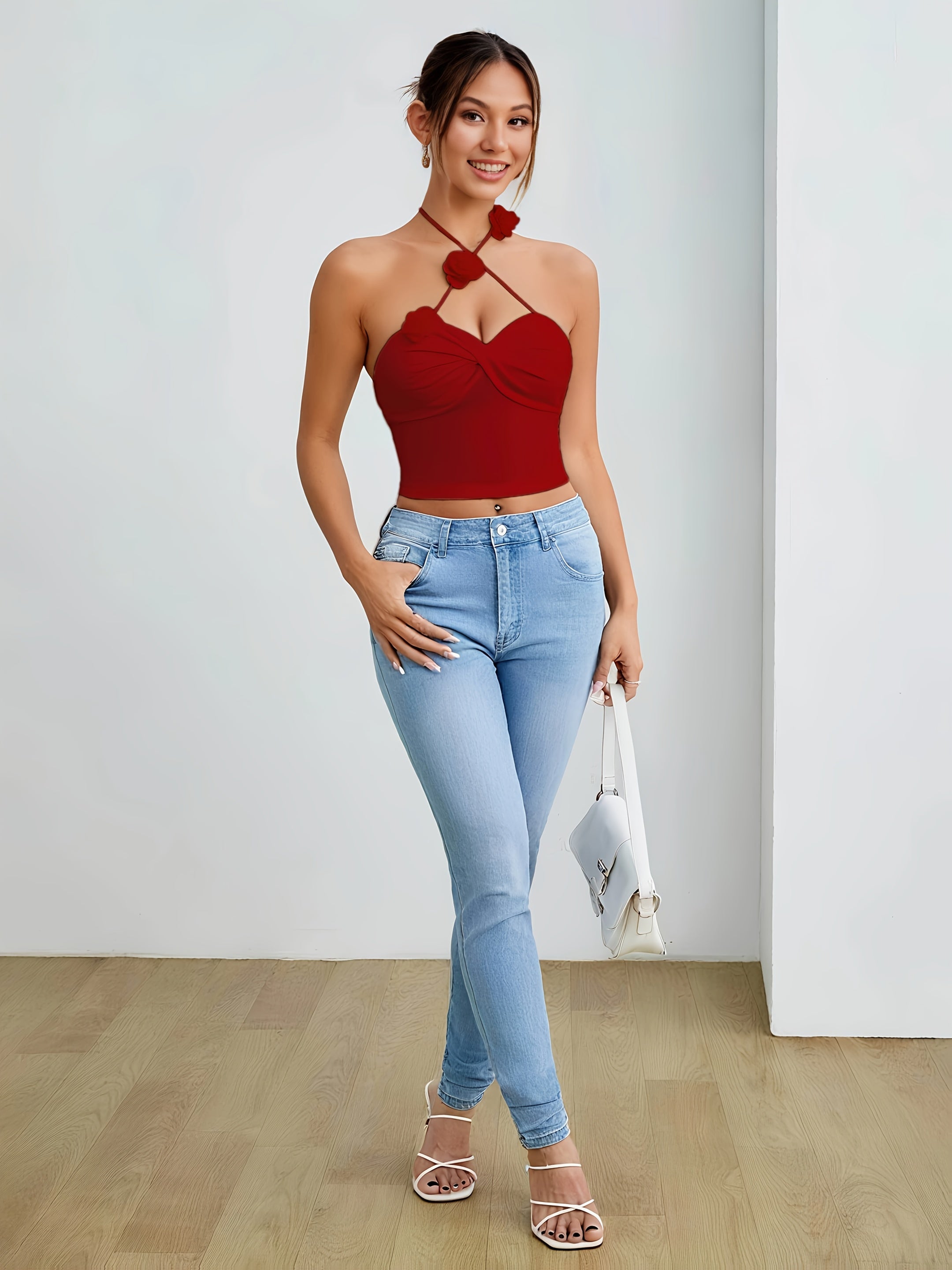 Red Floral Halter Neck Crop Top for Women - Sexy Twisted Front Detail, Cross Halter Design, Stretchy Polyester Blend, Perfect for Summer Nights Out, Cute Tops for Going Out
