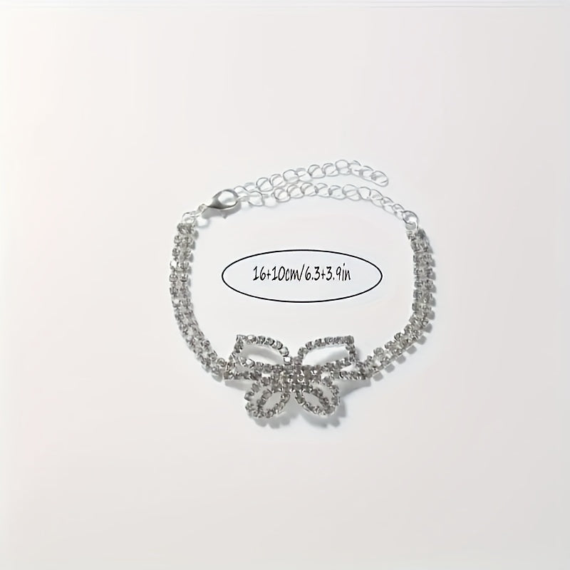 2 Pieces Of Butterfly Rhinestone Decorative Bracelet+anklet Set, Sparkling Hollow Butterfly Pendant Bracelet And Anklet Set, Suitable For Women's Party Engagement And Decoration