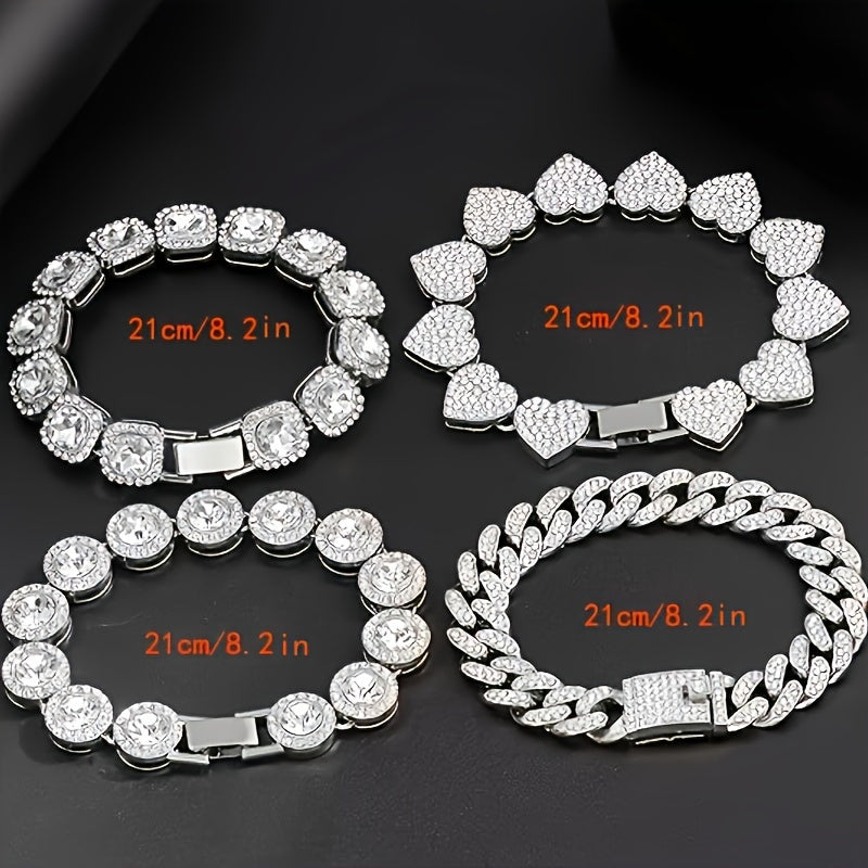 Fashion Women's 4-piece Combo Set - Women's Heart-studded Synthetic Zircon Cuban Bracelet - Multi-layer Chain Bracelet Set - Perfect For Giving Women's Gift Set - , Banquet, Gift Giving, Everyday Accessories