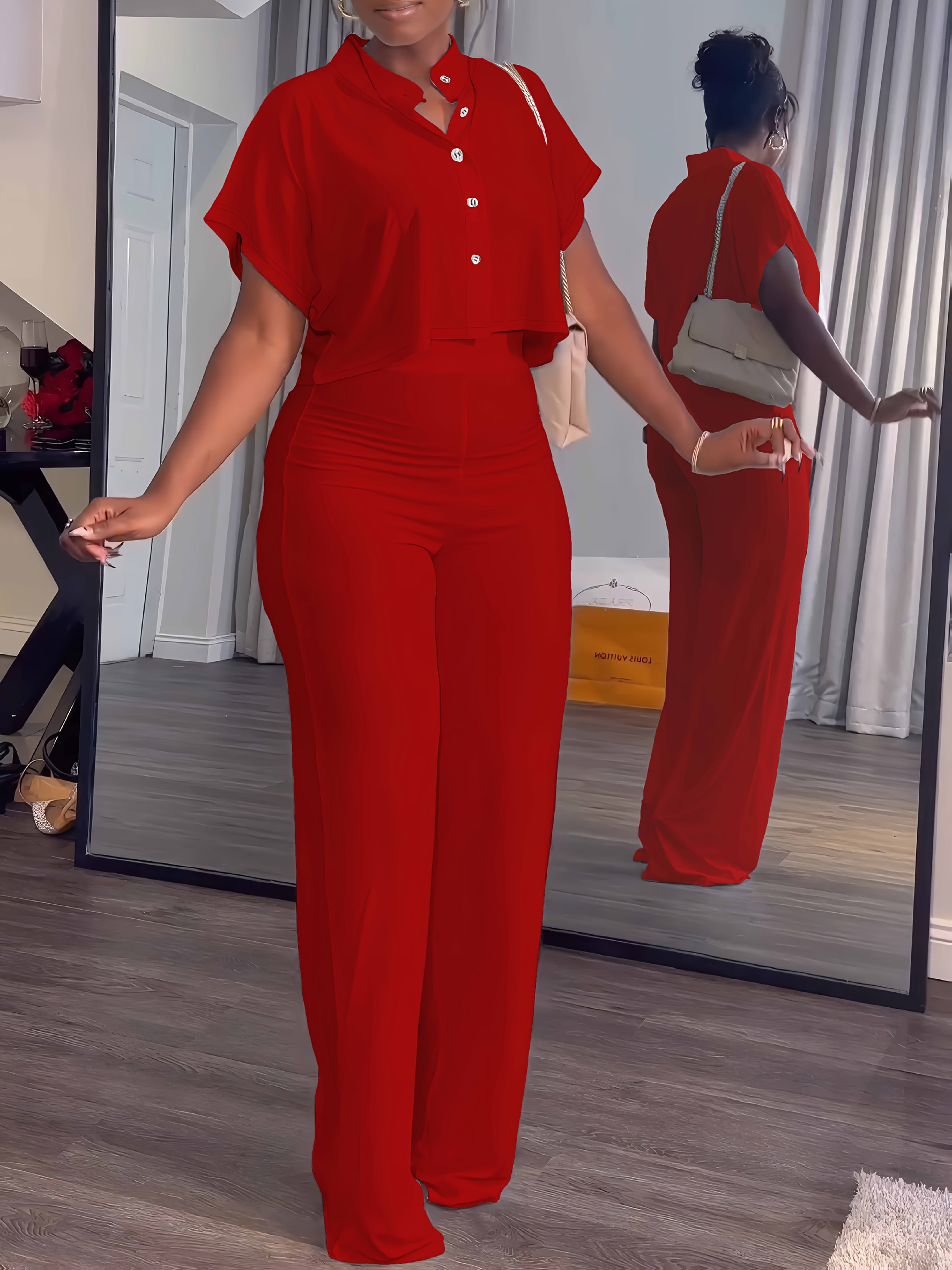 Women's Summer 2pcs Outfits Casual Tracksuit Short Sleeve Button Crop Top Wide Leg Long Pant Lounge Sets