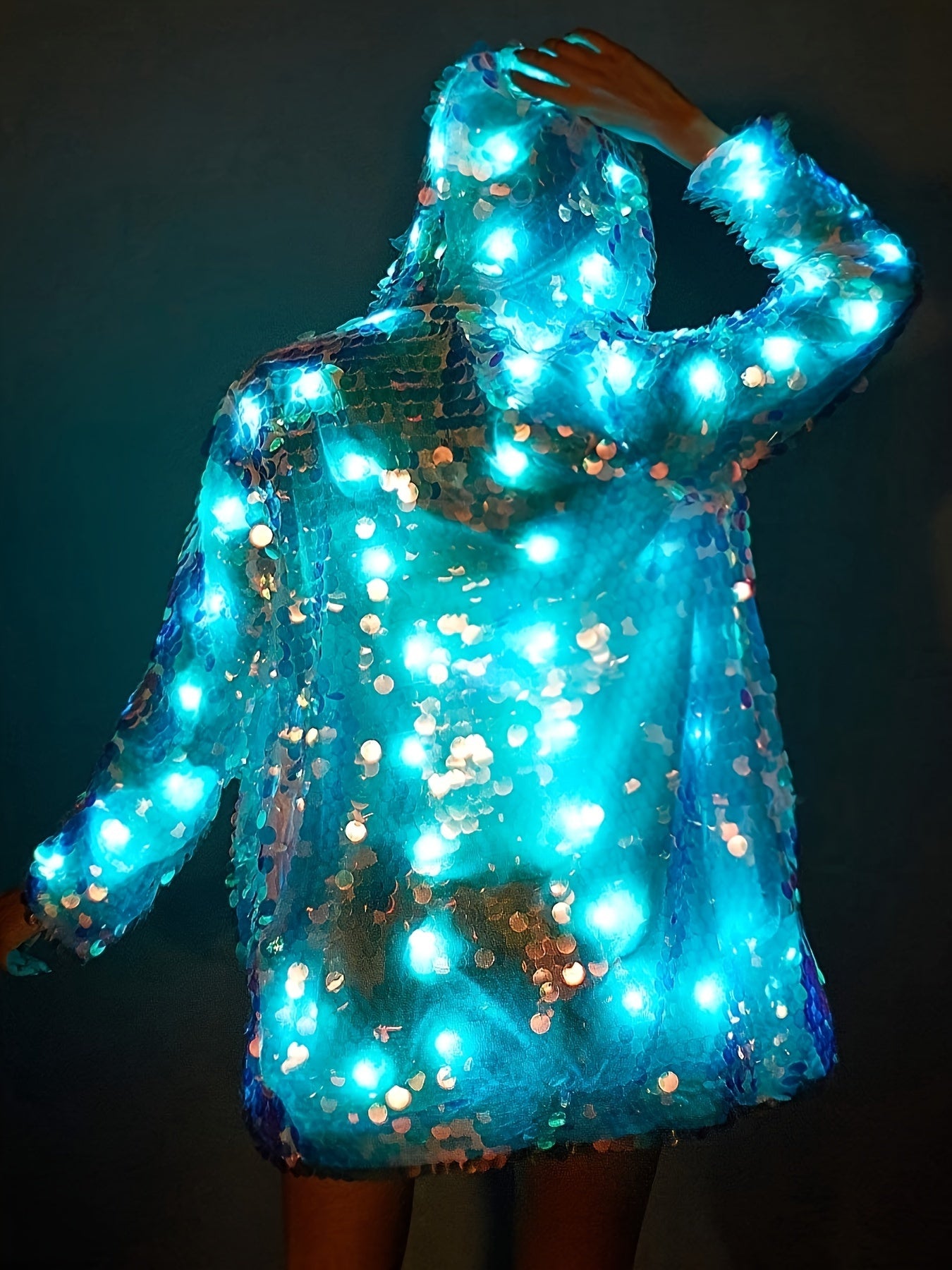 Stylish Special LED Clothing Sequin Patchwork Casual Festival Party Hooded Long Sleeve LED Jacket No Battery