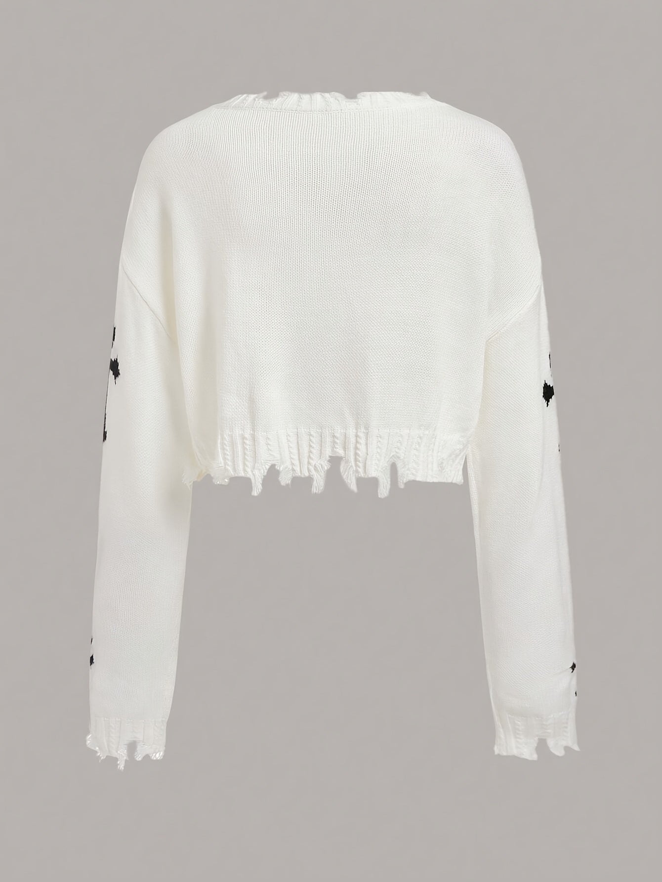 Women's Distressed Drop Shoulder Long Sleeve V-Neck Sweater - Elegant White Knit Pullover with Black Cross Pattern, Frayed Hem Detail, Acrylic Material for Spring/Summer, Ladies Sweaters