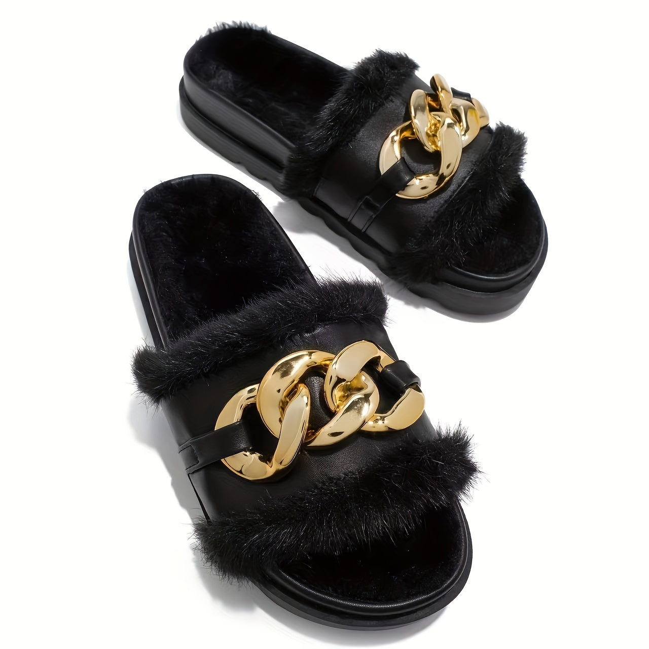 Womens Cozy Woolen Open Toe Slippers - Ultra-Soft Plush Lining, Thick and Warm Flat Sole, Elegant Golden Chain Accent - Perfect for Autumn and Winter Home Lounging