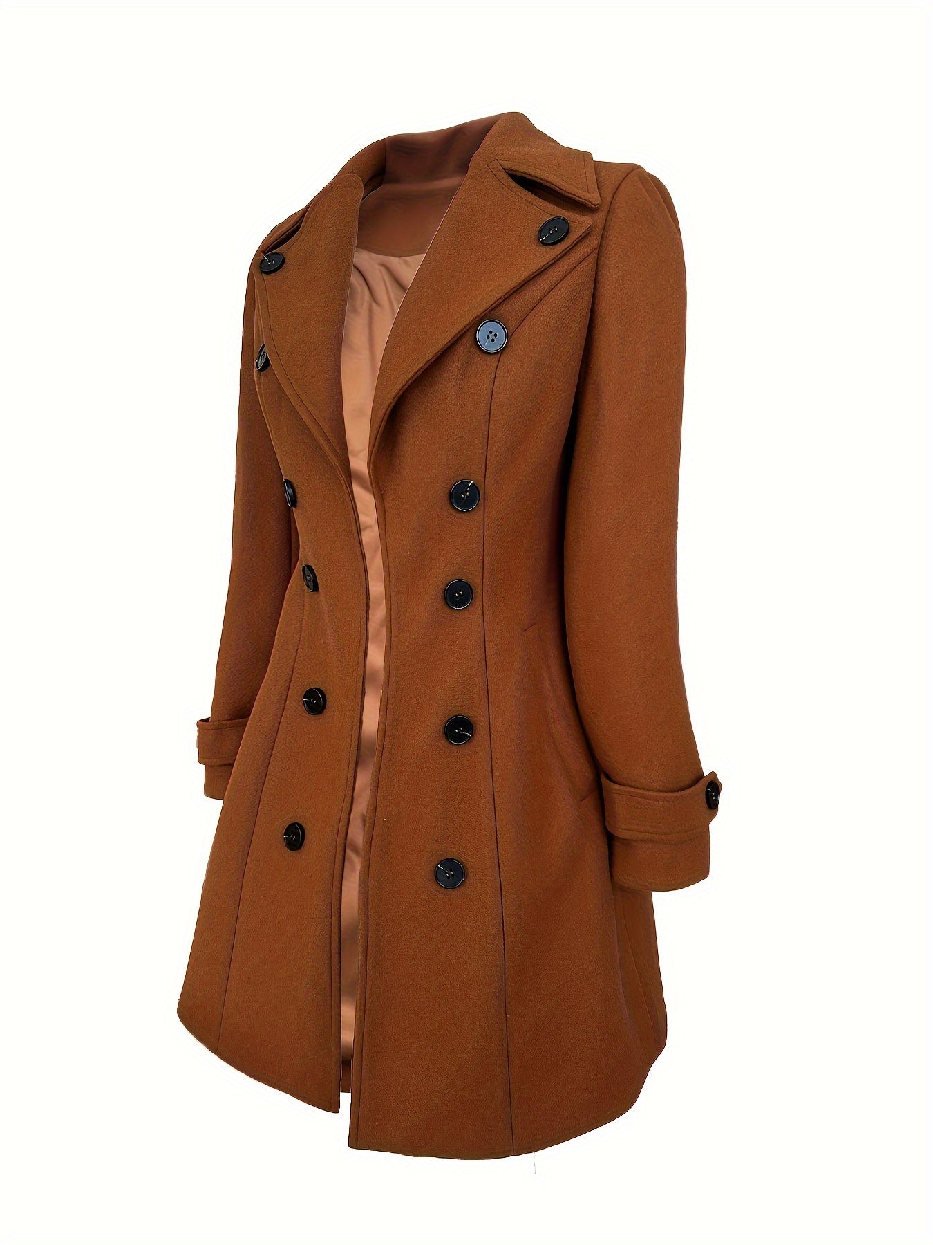 Elegant Solid Color Double-Breasted Overcoat for Women - Polyester, Machine Washable, Non-Stretch Fabric - Perfect for Fall/Winter
