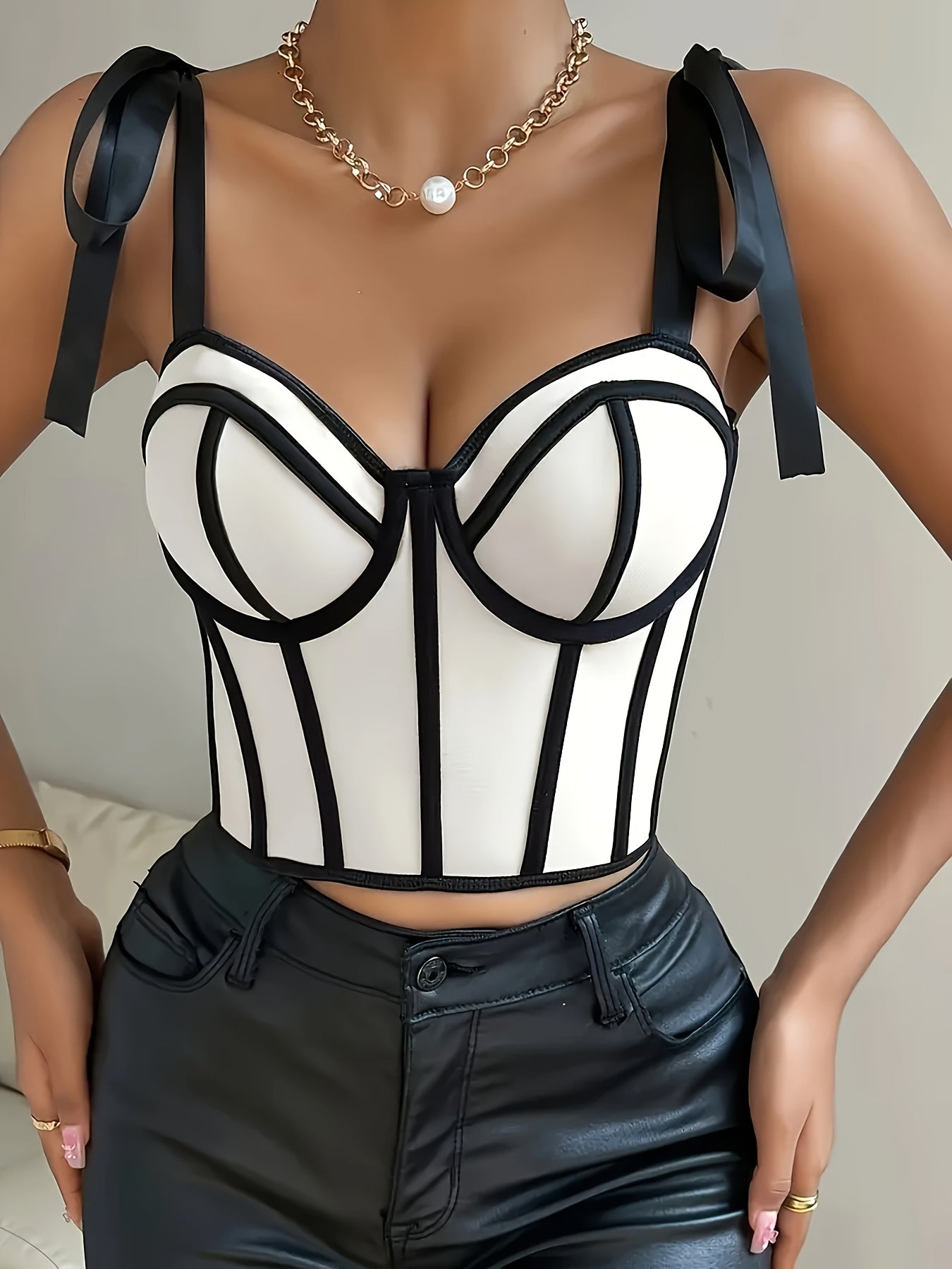 Elegant Black and White Ribbon-Embellished Mesh Cami Top with Color Block Design and Boning Detail - Sexy Spring/Summer Collection for Women, Womens Fashion|Elegant Halter Top| Delicate Lacing