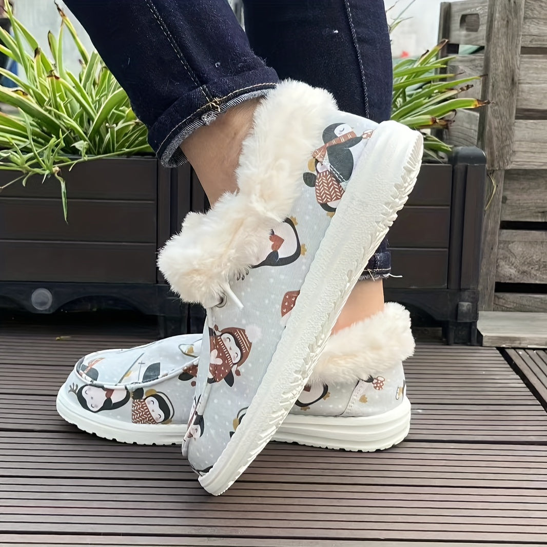 Cozy Penguin Print Slip-On Women's Boots - Soft Sole, Plush Lining for Winter Comfort, Casual Style