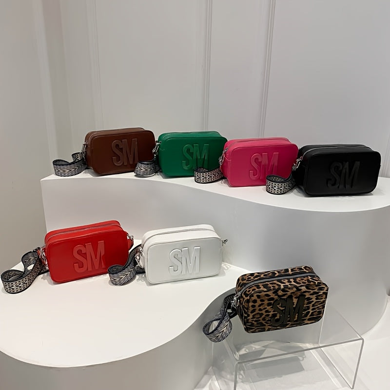 Stylish Crossbody Bag with Wide Strap – Trendy Solid Color Shoulder Bag Featuring Bold "SM" Letter Design, Zip Closure, and Polyester Lining – Available in Coffee Brown, Light Brown, Magenta, White, Red, Green, Black, Sma