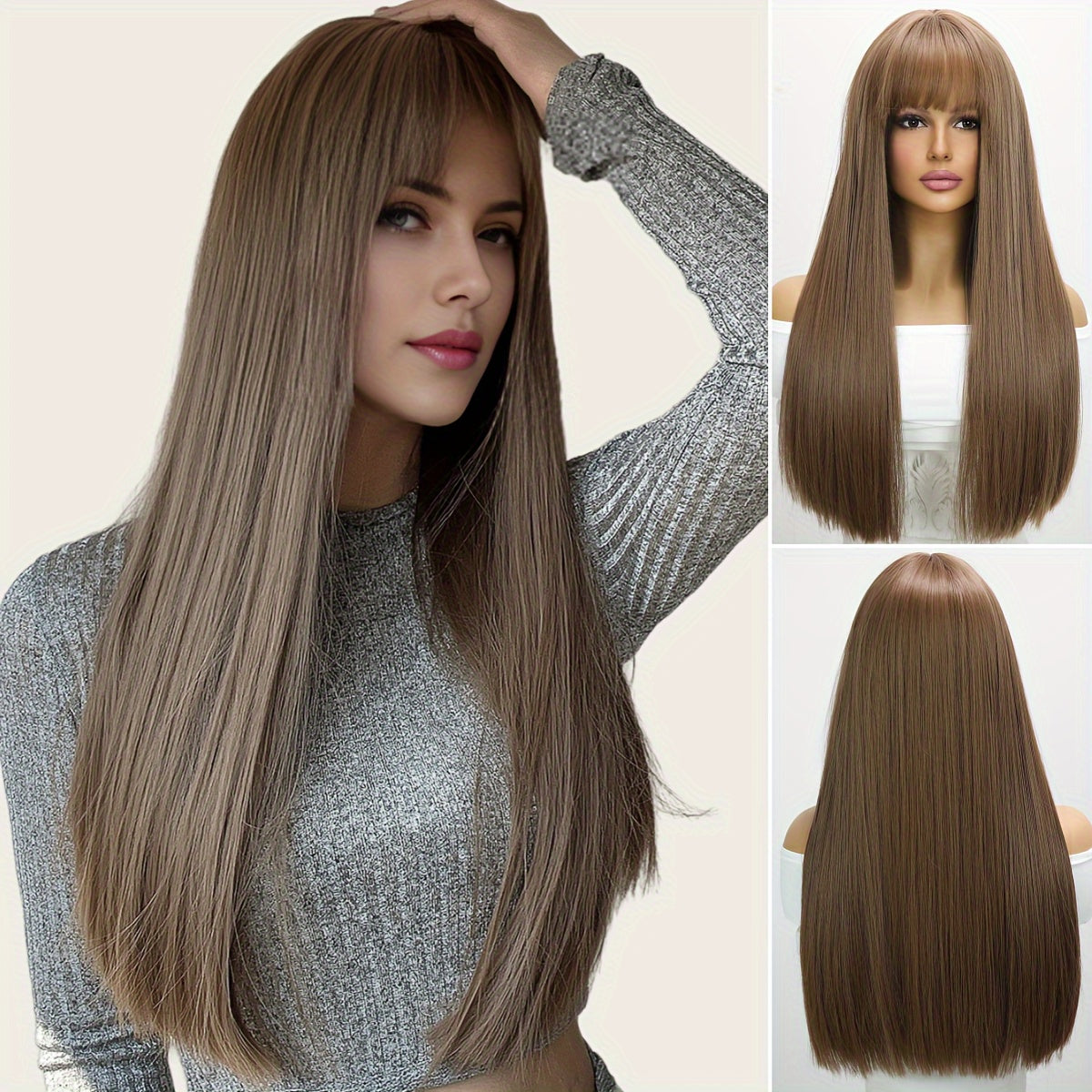 Long Natural Straight Dark Brown Wig, Blunt Bangs, Synthetic Fibers, Perfect For Daily Wear, Rose Net, 24 Inch