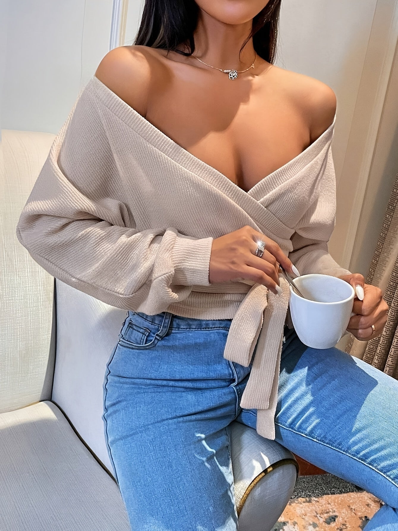 Chic Beige V-Neck Long Sleeve Knit Sweater with Tie Waist & Hem, Ribbed Cuffs - Stylish Fall/Winter Women’s Top for Casual or Sexy Outfits, Casual Women's Wear | Sexy Knitwear | Stylish Bow Design, Ladies Sweaters