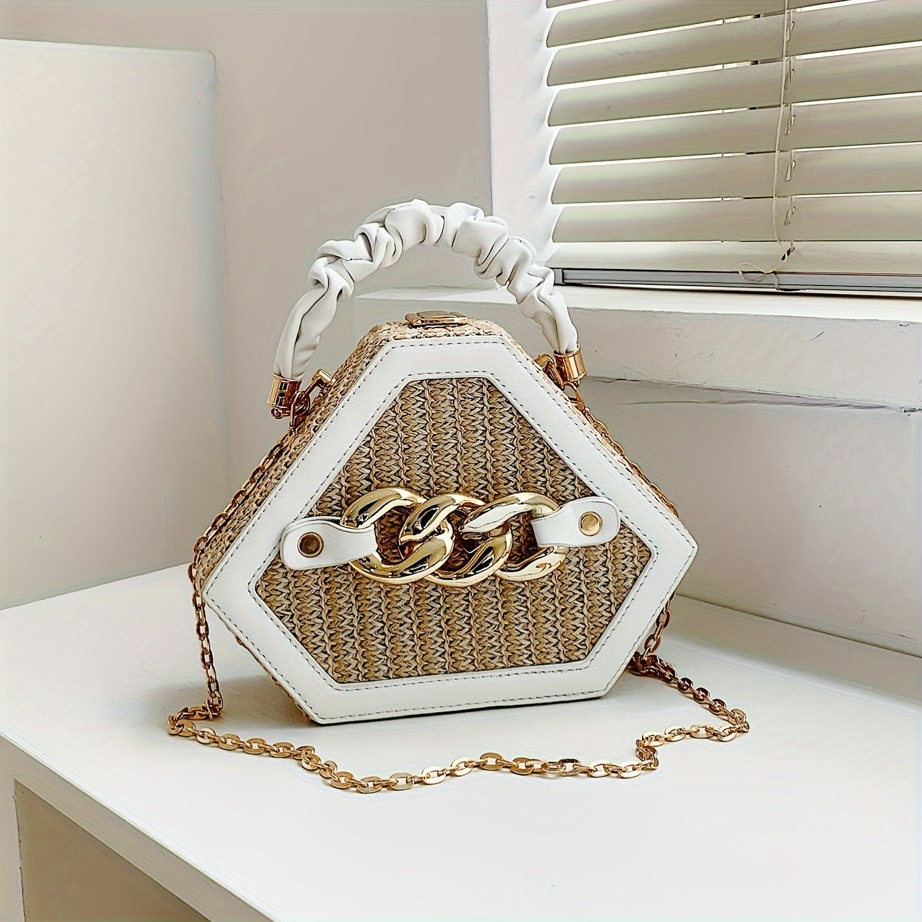 Fashion Niche Shaped Satchel Bag, Chain Decor Straw Design Chain Bag, Mini Top Ruched Strap Handbag
