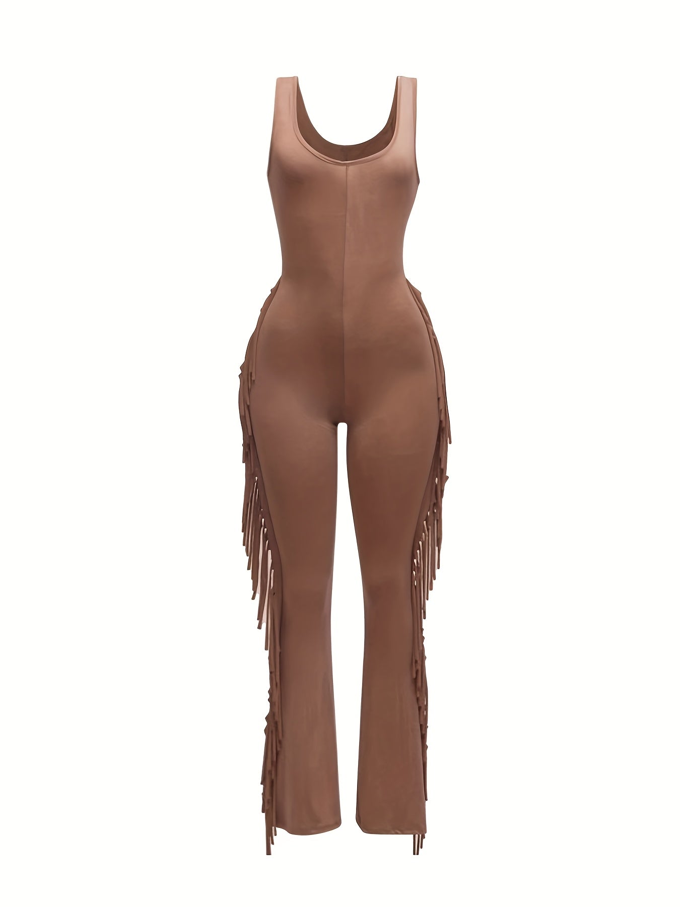 Women'S Casual Brown Fringe Jumpsuit - Comfortable Sleeveless Unitard with Tassel Details, All-Season Wear, Adult Size, Casual Attire | Fringe Detailing | Sleeveless Jumpsuit