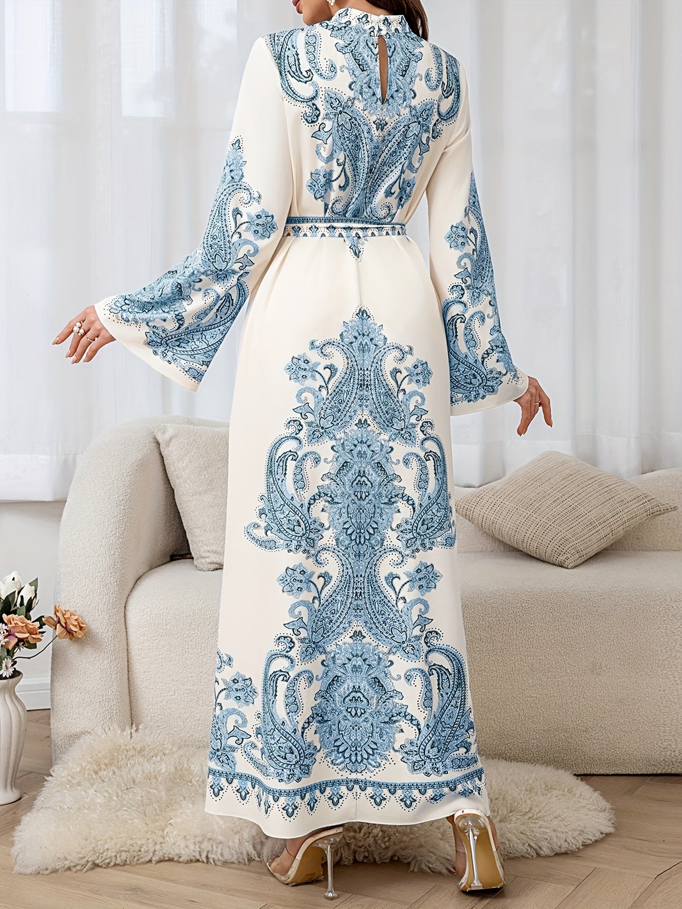 Elegant Floral Print Long Dress with Tie-Waist & Lantern Sleeves - Creamy Beige, Crew Neck, Flowing Maxi Length, Perfect for Spring/Summer/Fall, Women’s Fashion, Cute Dresses