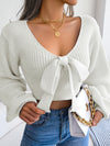Sexy Bowknot V Neck Crop Sweater, Casual Lantern Long Sleeve Loose Fall Winter Knit Sweater, Women's Clothing