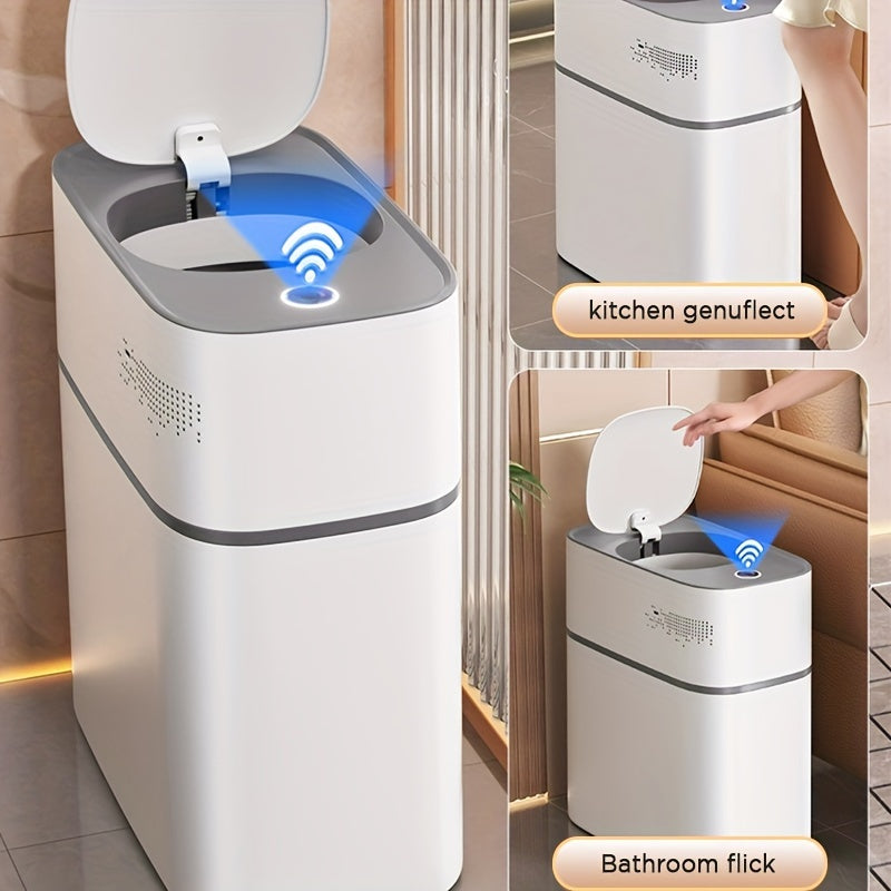 Bathroom Smart Touchless Trash Can - 4 Gallon Automatic Motion Sensor Rubbish Can with Lid Electric Narrow Small Garbage Bin for Kitchen, Office, Living Room, Toilet, Bedroom, RV