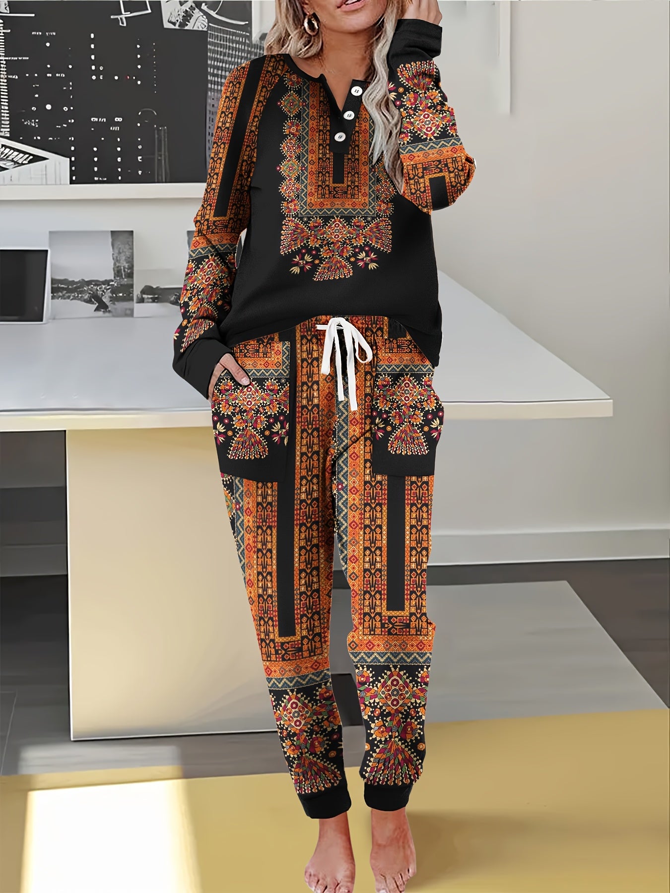 2pcs Set Women's V-neck Micro-elastic Digital Positioning Print Long Sleeve Long Pants Suit