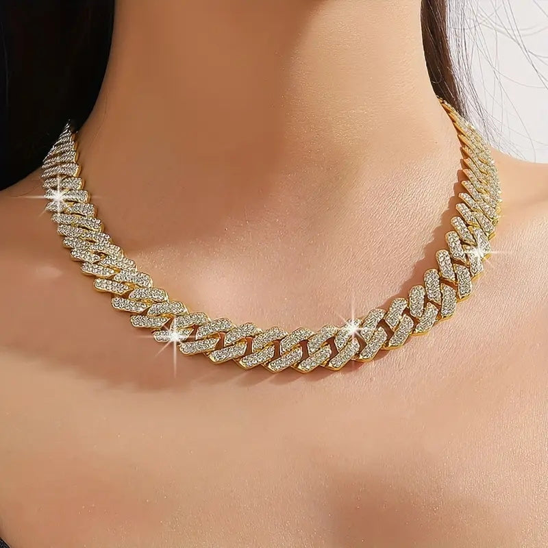 1 Luxurious Golden-Toned Cuban Link Chain Necklace with Sparkling Rhinestones - Hip-Hop Style Charm, Ideal for Daily Wear, Weddings & Special Occasions - Zinc Alloy, Perfect Gift for Her, Chunky Cuban Link Necklace