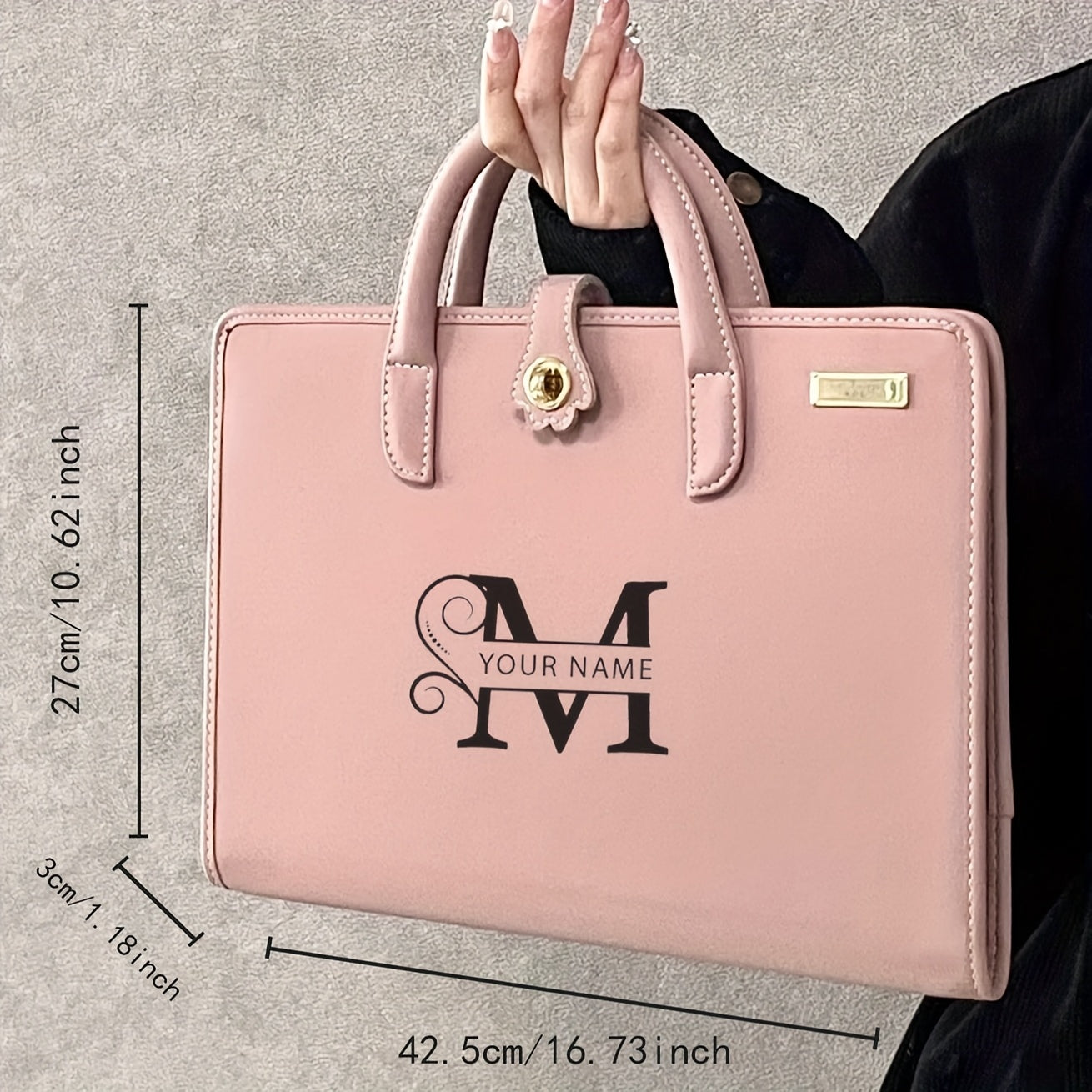 1 Pink PU Leather Laptop Tote Bag with Personalized Name, Floral Pattern, Magnetic Flap Closure, Portable Briefcase for Office and School