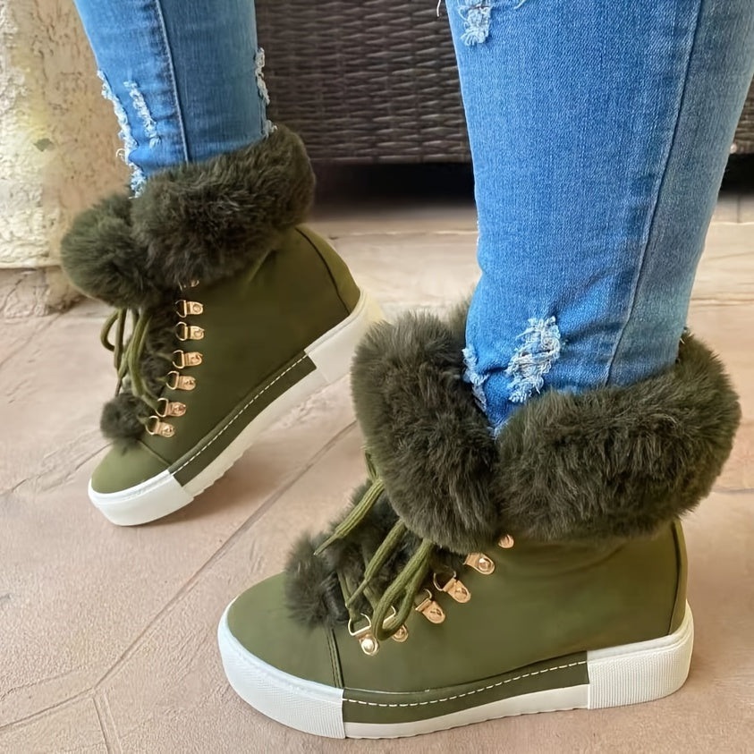 Womens Cozy Thermal Fleece Liner Ankle Boots - Comfortable Platform, Sleek Solid Colors, Durable Lace Up - Fashionable Faux Leather Footwear for Stylish Ladies