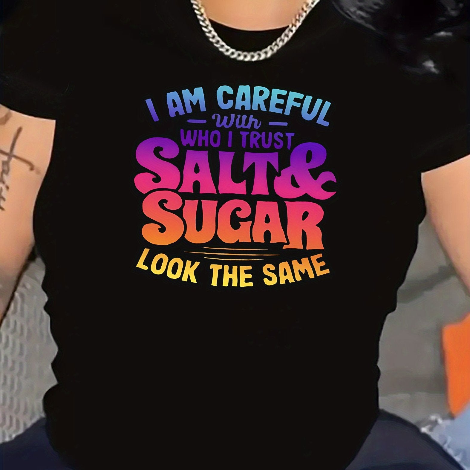 Women's Casual T-Shirt With Colorful Lettering "Salt And Sugar" Graphic, Round Neck, Short Sleeve, Sporty Top