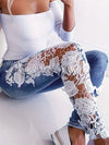 Elegant Skinny Fit Hollow Out Lace Contrast Denim Jeans, Women's Denim Pants & Clothing