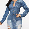 1pc Women's Plus Size Ripped Denim Dress - Long Sleeve, Lapel Collar, Mini Length, Skinny Fit, Spring/Summer Casual Jean Dress with Distressed Detailing, Casual Summer Dress | Skinny Fit Dress | Cotton Denim Fabric