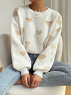 Heart Pattern Drop Shoulder Knitted Sweater, Casual Crew Neck Long Sleeve Pullover Sweater, Women's Clothing