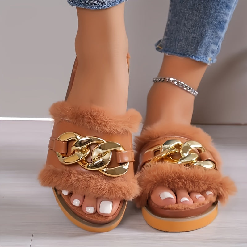 Womens Cozy Woolen Open Toe Slippers - Ultra-Soft Plush Lining, Thick and Warm Flat Sole, Elegant Golden Chain Accent - Perfect for Autumn and Winter Home Lounging
